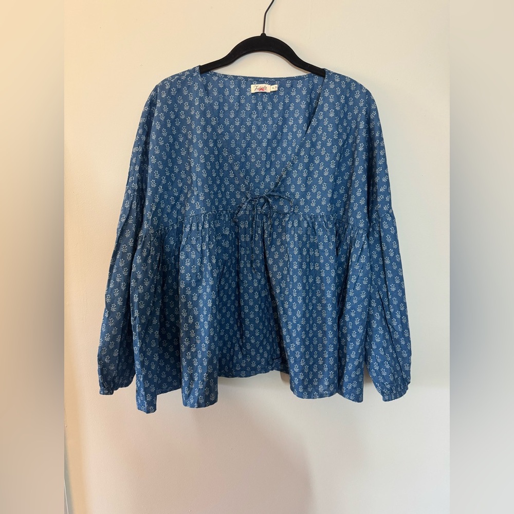 Faherty Women’s Navy Lyla Organic Cotton Floral Drop Shoulder Top Blouse - XL - Picture 4 of 11